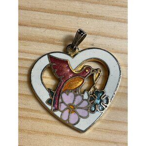 Vintage Cloisonne Heart-Shaped Enamel Pendant Bird Floral Design Gold Tone